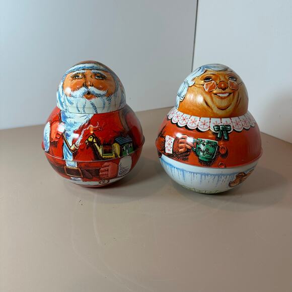 Set of 2 Vintage Mrs & Santa Claus Britol Ware Roly Poly Tobacco Tins Christmas - Picture 1 of 10
